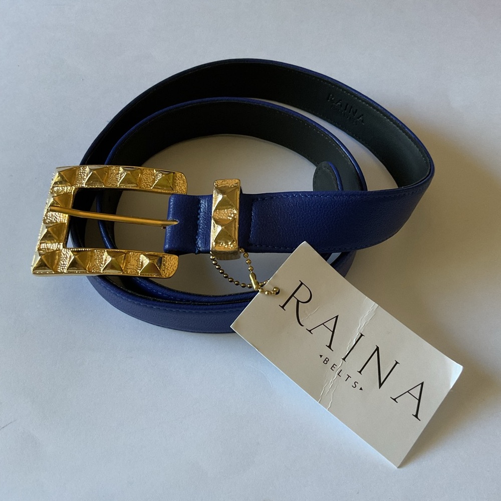 RAINA RAI ROYAL BLUE LEATHER BELT WITH GOLD BUCKLE L/XL NWT